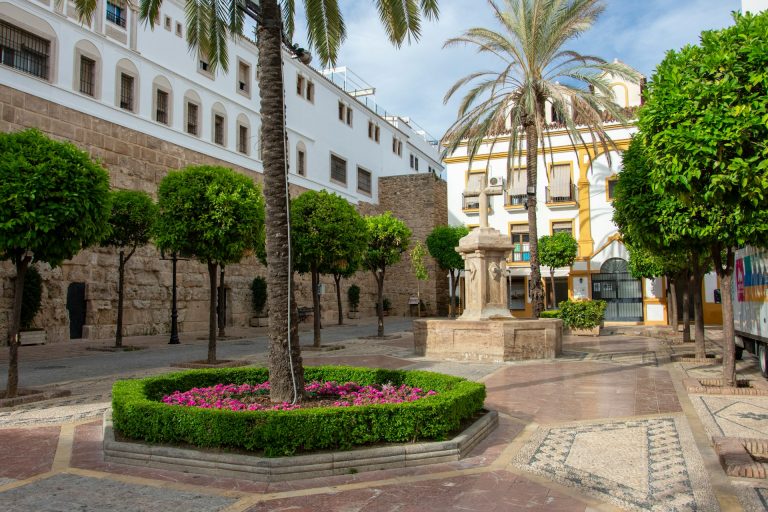 Marbella Old Town - Historic european plaza with palm trees, fountain, and white buildings.